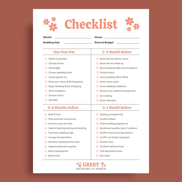 Floral bridal greet wedding planner checklist