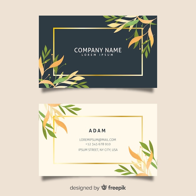 Free vector floral business card template with golden lines