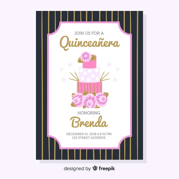 Vettore gratuito modello di scheda quinceanera torta floreale