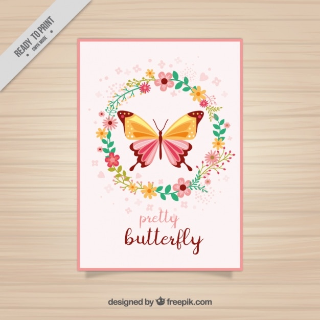 Free vector floral card of butterfly with floral wreath