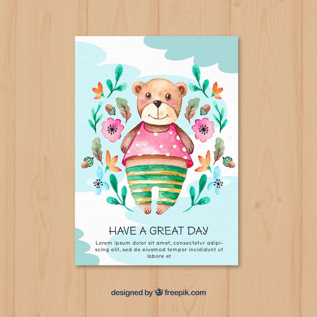 Floral card with watercolor bear