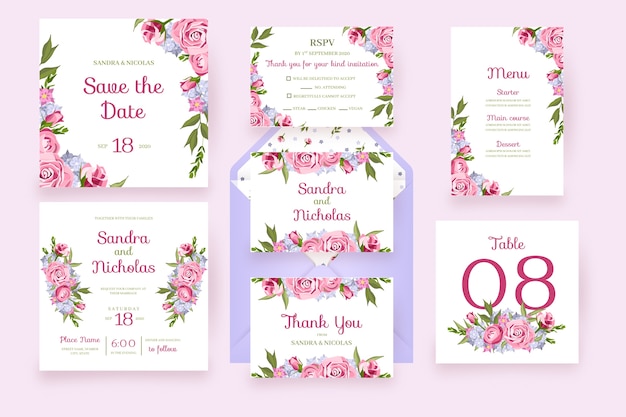 ピンク​の​フレーム​花​結婚式​文房具​と​花​カード