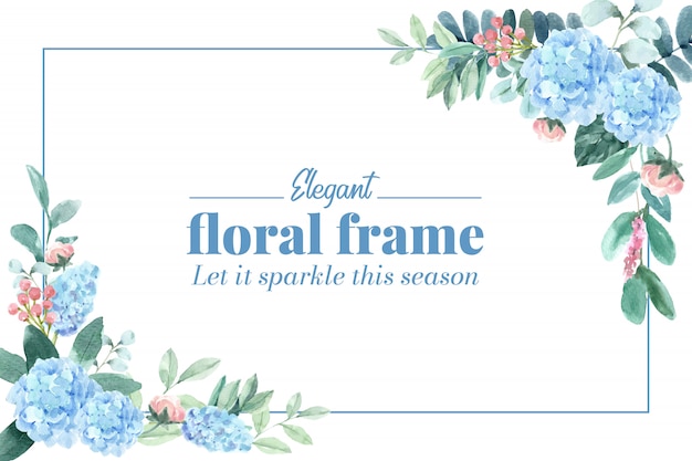 Floral charming frame with hydrangea, peony watercolor illustration.