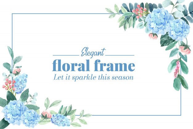 Floral charming frame with hydrangea, peony watercolor illustration.
