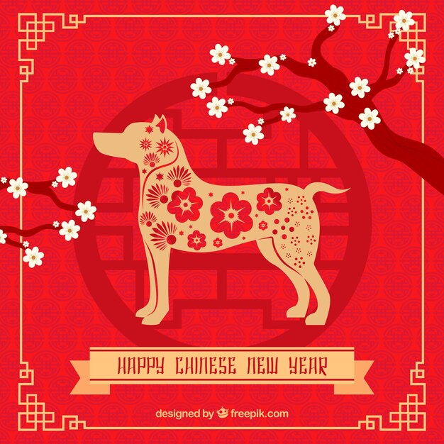 Цветочный китайский фон на новый год с собакой