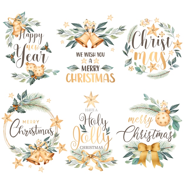 Floral christmas badge collection in watercolor style