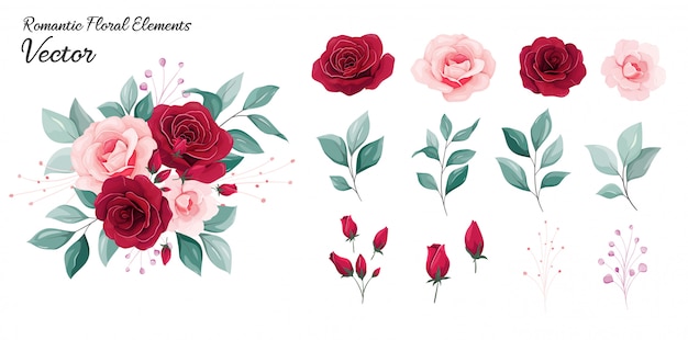 Floral  collection. flowers decoration illustration of red and peach rose flowers, leaves, branches