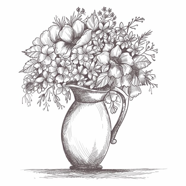 花の組成。手描きの春の花と植物の花束