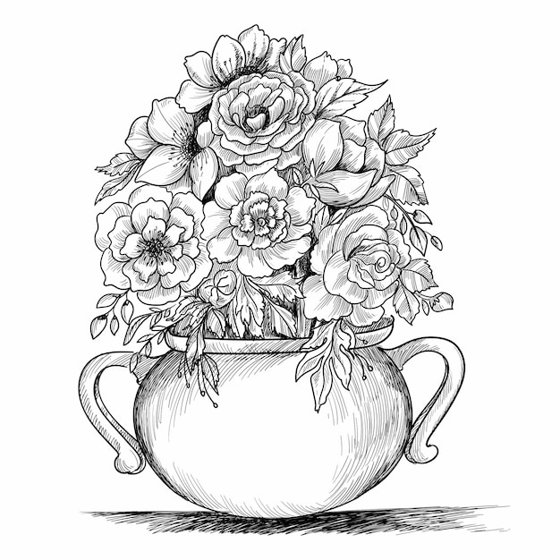floral composition. bouquet with hand drawn spring flowers and plants