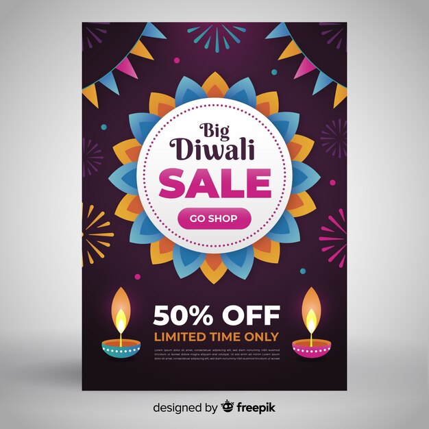 Floral design of flat diwali sale flyer template