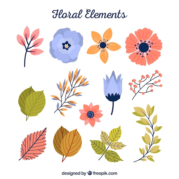 Коллекция цветочных элементов с плоским дизайном