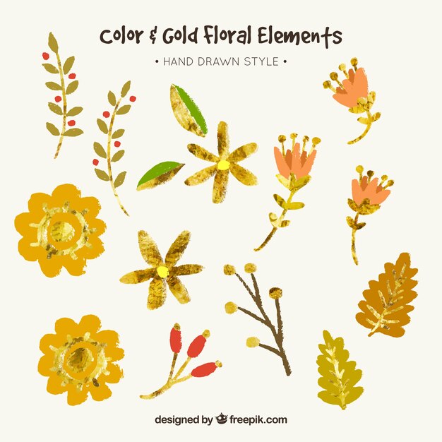 Floral elements with watercolor leaves