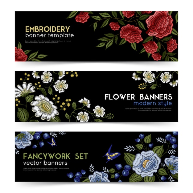 Бесплатное векторное изображение Набор цветочных народных баннеров вышивки