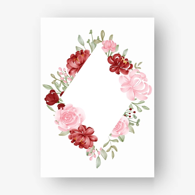 Floral frame rhombus with watercolor flowers red and pink