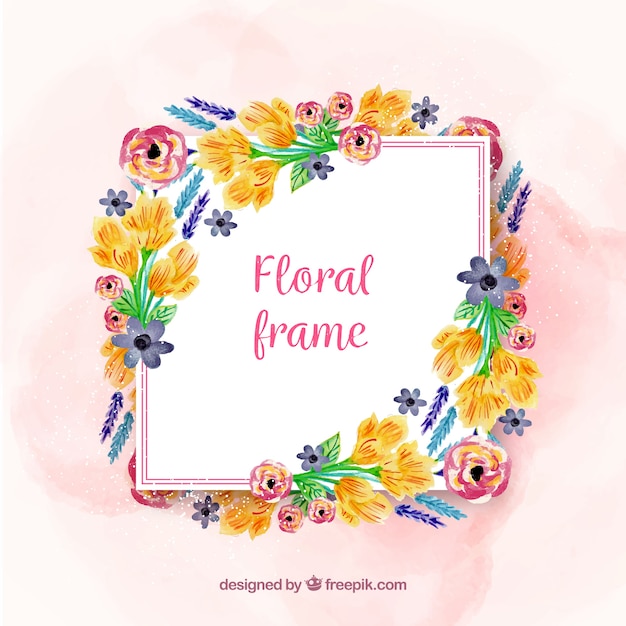 Floral frame with different watercolor flowers