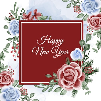 Floral frame with rose red blue theme winter new year background