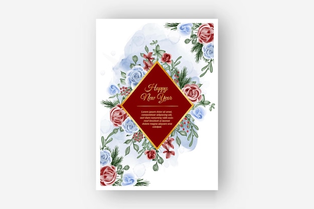 Free vector floral frame with rose red blue theme winter new year background