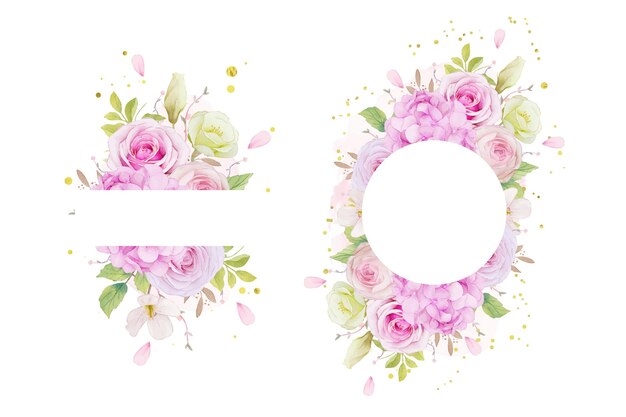 floral frame with watercolor pink roses and blue hydrangea flower