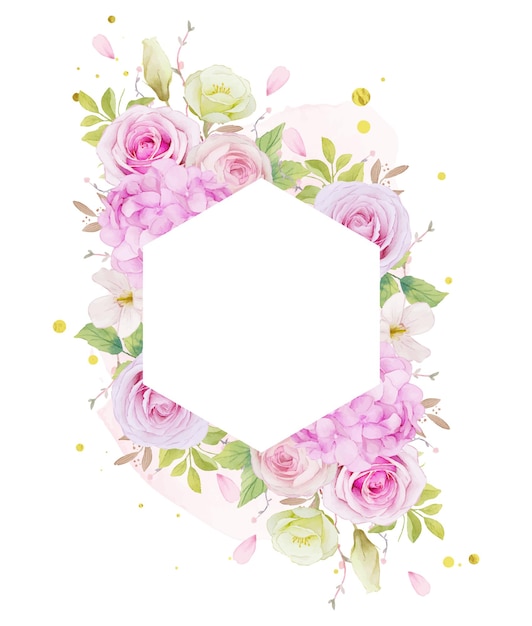 цветочная рамка с акварельными розовыми розами и синим цветком гортензии