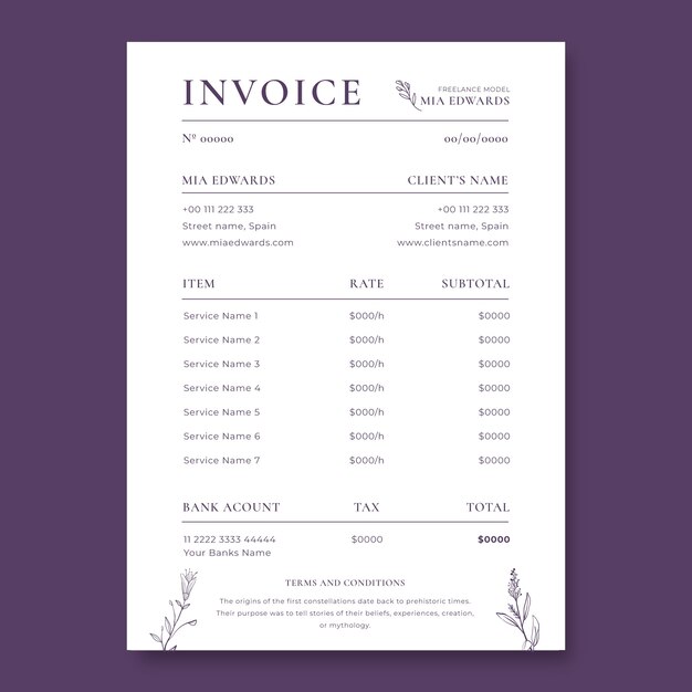 Floral hand-drawn mia edwards freelance model invoice