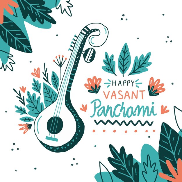 Floral hand drawn musical instrument vasant panchami