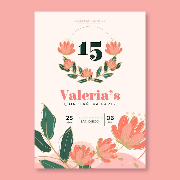 Vettore gratuito invito quinceañera floreale disegnato a mano