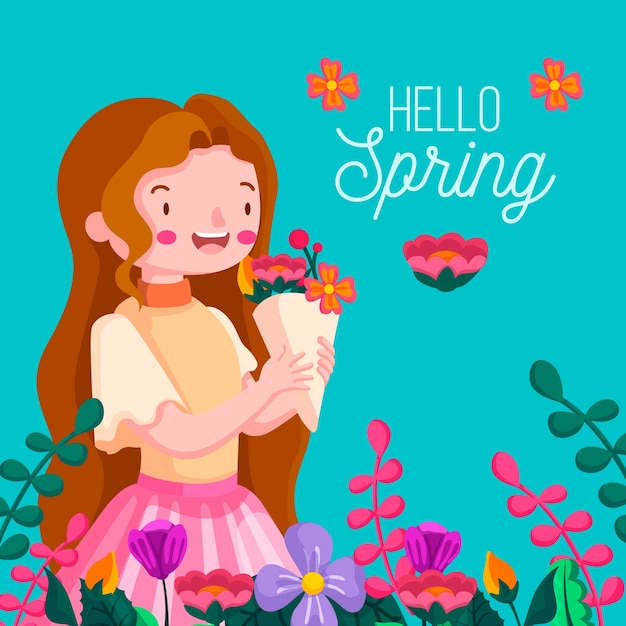 Free vector floral hello spring background with girl