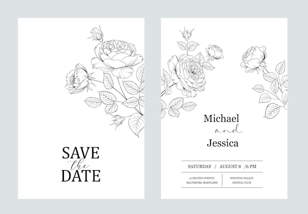 花の招待カード。結婚式の植物のテンプレート。