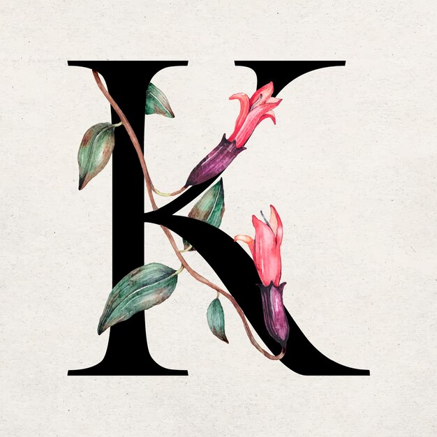 Floral k letter font romantic typography