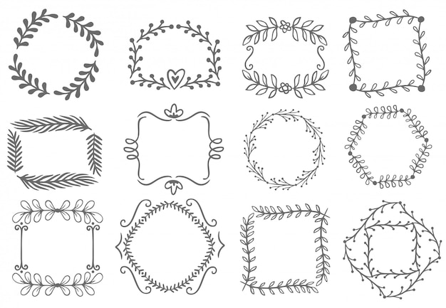 Floral ornament frames. decorative leaves frame, hand drawn ornamental borders  set