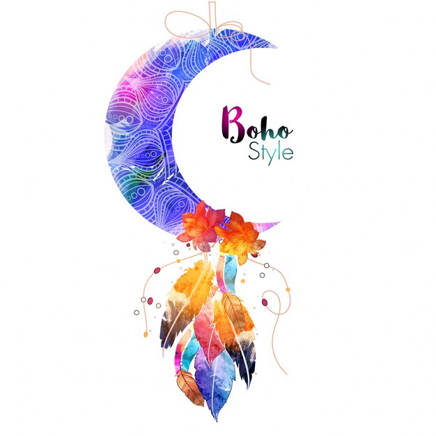  Floral ornamental crescent moon with watercolor flowers and feathers, Creative Boho Style ethnic element. 