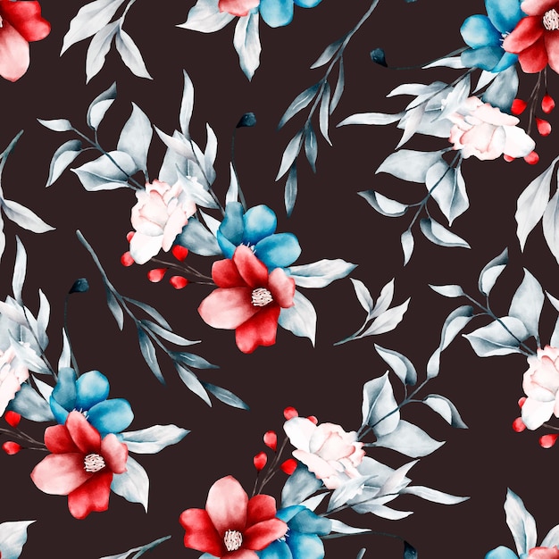 Floral pattern with pink and blue flowers and red peonies