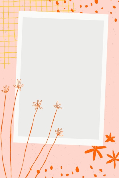 Floral picture frame vector with flower doodles on pink aesthetic background