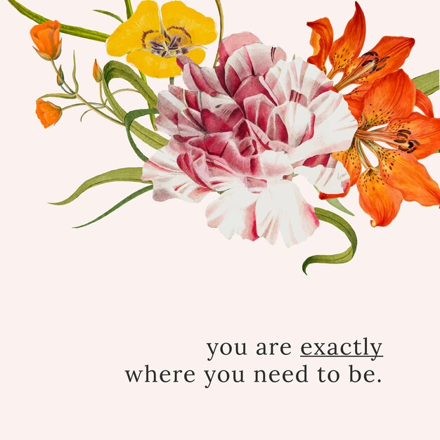 Floral quote template  illustration with you are exactly where you need to be text, remixed from public domain artworks