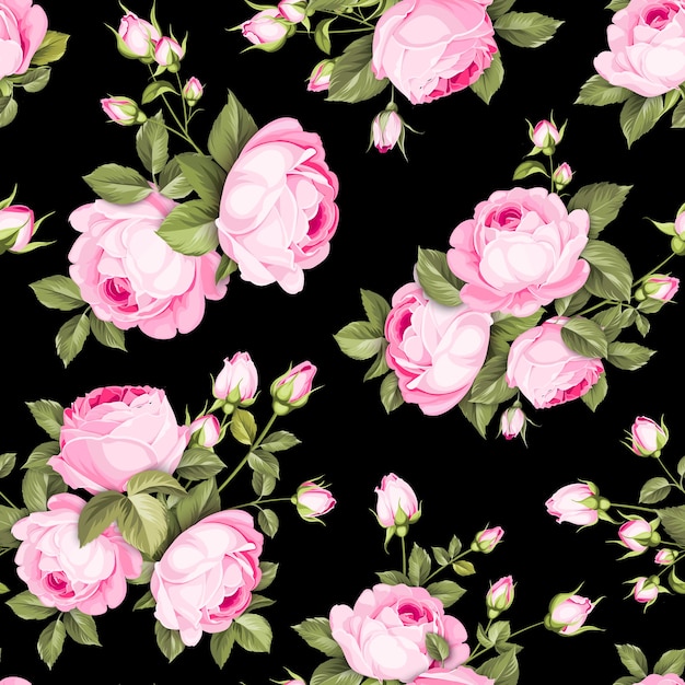 Floral seamless pattern. Blooming roses on black background.
