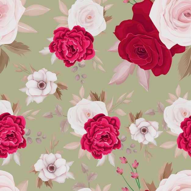 Free vector floral seamless pattern of brown and maroon roses and leaves arrangements