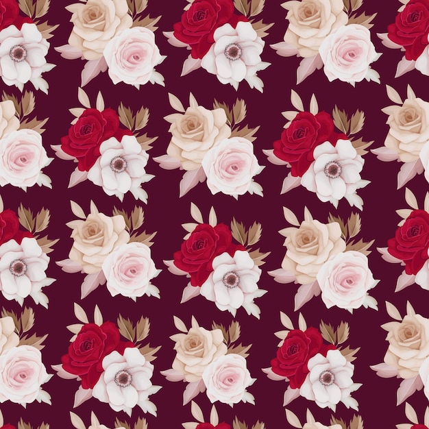 Floral seamless pattern of brown and maroon roses and leaves arrangements