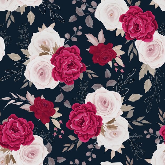 Floral seamless pattern of brown and maroon roses and leaves arrangements