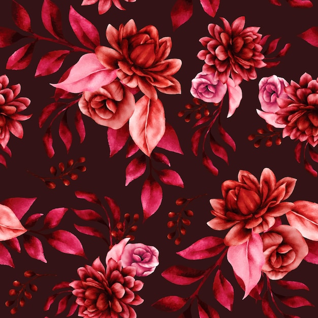 Free vector floral seamless pattern with beautiful maroon flower and leaves