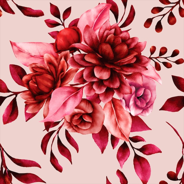 Free vector floral seamless pattern with beautiful maroon flower and leaves