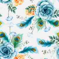 Free vector floral seamless pattern with beautiful rose flower and peacock feather