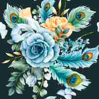 Free vector floral seamless pattern with beautiful rose flower and peacock feather