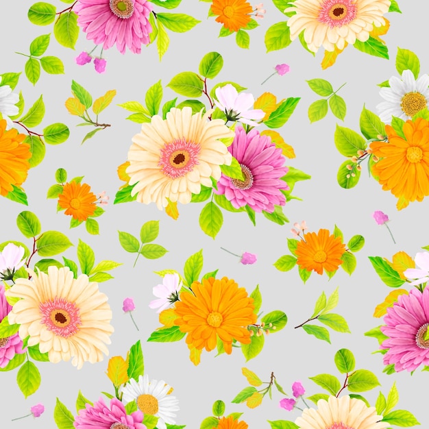 Free vector floral seamless pattern with watercolor floral and leaves