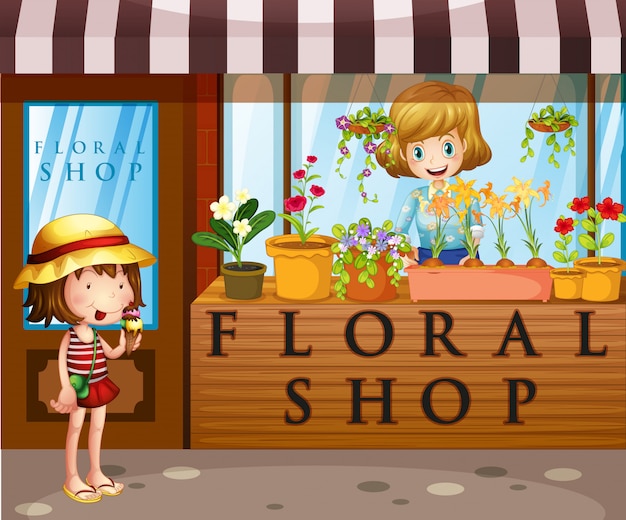Free vector floral shop with seller and customer