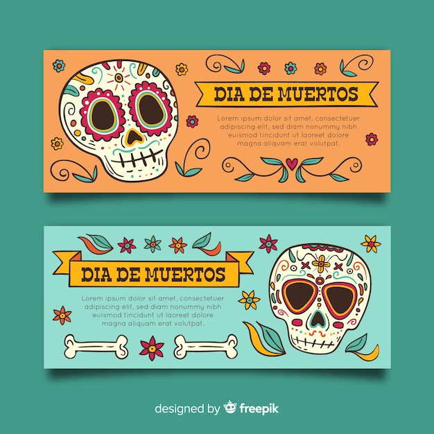 Floral skulls día de muertos banners