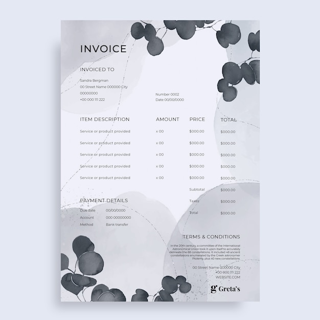 Floral watercolor small business invoice template