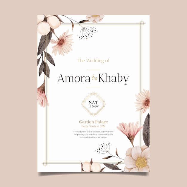 Floral watercolor wedding invitation template