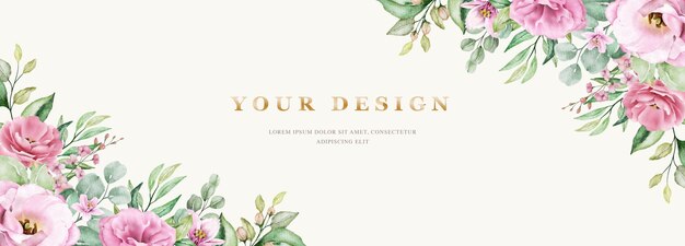 Floral wedding banner template set with pink roses flowers and leaves