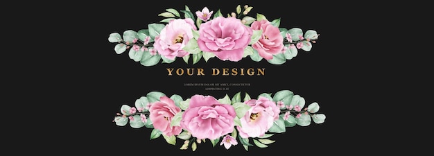 Vettore gratuito modello di banner matrimonio floreale con rose rosa fiori e foglie