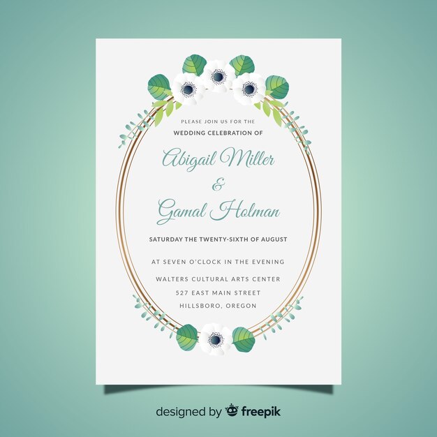 Floral wedding card template with golden frame